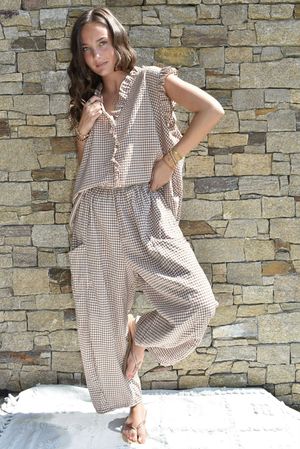 Arbi Gingham Y Blouse Hazelnut